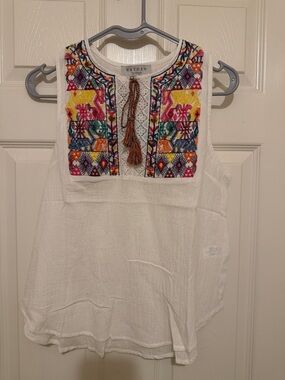 Hayden White Sleeveless Embroidered Tank with Multicolor Yoke